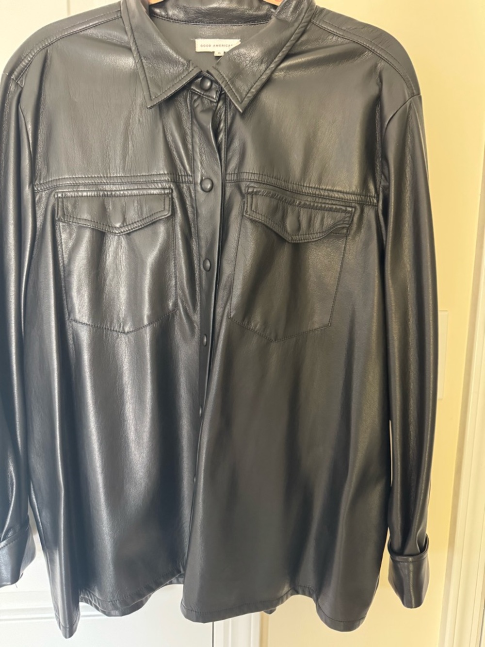 Good American Black Faux-Leather Snap Front Shirt Jacket